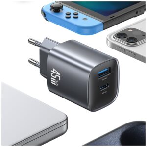 Laidinis įkroviklis USAMS CC290 T66 45W GaN 1xUSB-A 1xUSB-C sidabro spalvos - Image 4