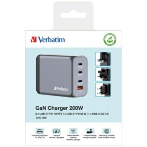 Verbatimlaidinis įkroviklis GaN 200W3xUSB-C/USB-A + Adapter EU/UK/US GNC-200 32204 - Image 8