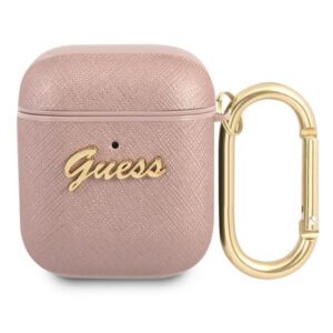 Guess GUA2SASMP AirPods 1/2 dėklasrožinės spalvos Saffiano Script Metal Collection