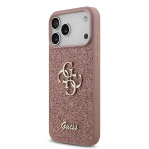 Guess PU Fixed Glitter 4G Metal Logo dėklas skirtas Apple iPhone 17 Pro Max rožinės spalvos