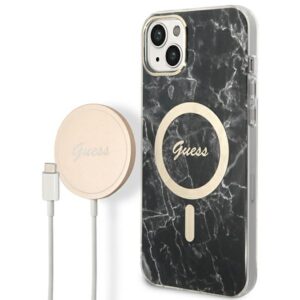 Set Guess GUBPP14SHMEACSK dėklas+ Charger Apple iPhone 14 6.1" juodos spalvos hard dėklas Marble MagSafe
