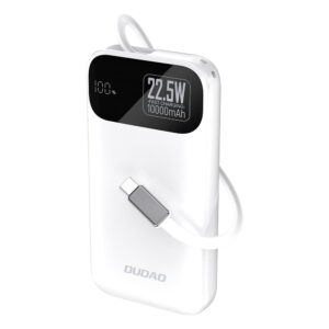 Dudao K31 10000 mAh 22.5W PD Powerbank su integruotu kabeliu - baltos spalvos
