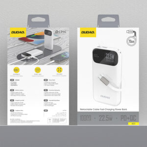 Dudao K31 10000 mAh 22.5W PD Powerbank su integruotu kabeliu - baltos spalvos - Image 3