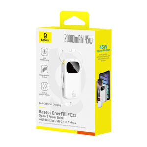 Baseus EnerFill FC31 20000mAh 45W Powerbank su Digital Display and 2 Built-in kabeliss (USB-C + Lightning) - baltos spalvos - Image 3