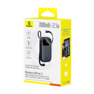 Baseus EnerFill FC31 20000mAh 22.5W Powerbank with Digital Display and 2 Built-in Cables (USB-C + Lightning) - juodos spalvos - Image 3