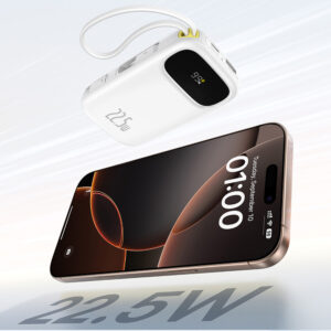 Baseus EnerFill FC31 20000mAh 22.5W Powerbank su Digital Display and 2 Built-in kabeliss (USB-C + Lightning) - baltos spalvos - Image 5