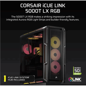 Corsair iCUE LINK 5000T LX PC-kompiuterio korpusas, Midi-Tower, E-ATX, RGB, Tempered Glass - juodos spalvos - Image 4