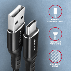 AXAGON BUCM-AM10AB USB-C to USB-A cable, 1m, USB 2.0, 3A, braided - black - Image 5