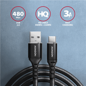 AXAGON BUCM-AM15AB USB-C to USB-A cable, 1.5m, USB 2.0, 3A, braided - black - Image 4