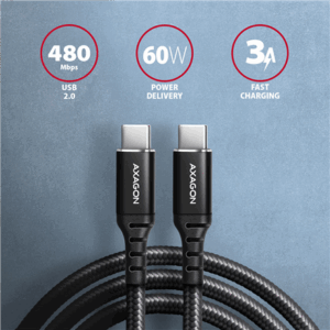 AXAGON BUCM-CM30AB USB-C to USB-C 2.0 Cable, 3 m, PD 60W, 3A, braided - black - Image 4
