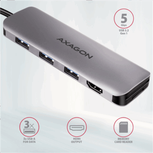 AXAGON HMC-HCR3A USB-Hub, 3x USB-A + HDMI + SD/microSD, USB-C 3.2 Gen 1, 20 cm USB-C-kabelis - Image 4