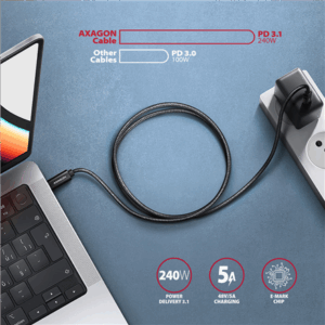 AXAGON BUCM2-CM25AB Charging cable USB-C to USB-C 2.0, 2.5 m, PD 240 W 5 A, ALU - Black - Image 6