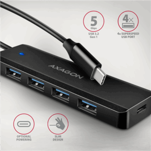 AXAGON HUE-C1C Superspeed USB-C Travel Hub, 4x USB 3.0 - 20cm, juodos spalvos - Image 4