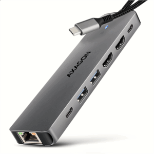 AXAGON HMC-7HX2 USB Hub, 2x USB-A, 1x USB-C, 2x HDMI 2.0, 1x RJ45, 100W PD – silver - Image 3