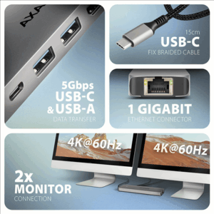 AXAGON HMC-7HX2 USB Hub, 2x USB-A, 1x USB-C, 2x HDMI 2.0, 1x RJ45, 100W PD – silver - Image 9