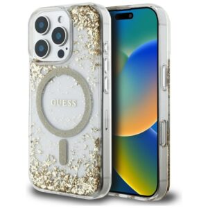 Guess HC Resin Bottom Glitter dėklas skirtas Apple iPhone 16 Pro Max MagSafe aukso spalvos