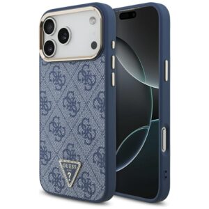 Dėklas Guess 4G Triangle Logo MagSafe skirtas Apple iPhone 17 Pro Max mėlynos spalvos aukso spalvos