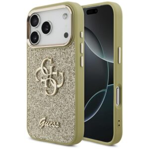 Guess Fixed Glitter Big 4G Metal Frame dėklas skirtas Apple iPhone 17 Pro aukso spalvos