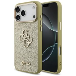 Guess Fixed Glitter Big 4G Metal Frame dėklas skirtas Apple iPhone 17 Pro Max aukso spalvos
