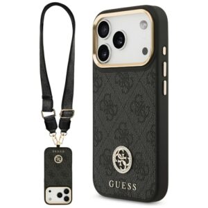 Guess 4G Strass Logo & Big Strap Metal Buttons MagSafe dėklas skirtas Apple iPhone 17 Pro juodos spalvos