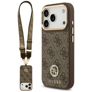 Guess 4G Strass Logo & Big Strap Metal Buttons MagSafe dėklas skirtas Apple iPhone 17 Pro rudos spalvos - Image 1