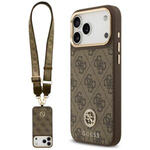 Dėklas Guess 4G Strass Logo & Big Strap Metal Buttons MagSafe skirtas Apple iPhone 17 Pro Max rudos spalvos - Image 1