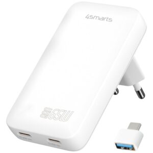Laidinis įkroviklis 4smarts FlatPlug Slim Dual 65W GaN 2xUSB-C baltos spalvos