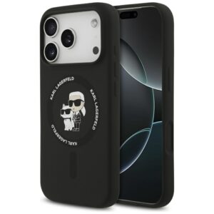 Dėklas Karl Lagerfeld Silicone Karl&Choupette Ring MagSafe skirtas Apple iPhone 17 Pro Max juodos spalvos