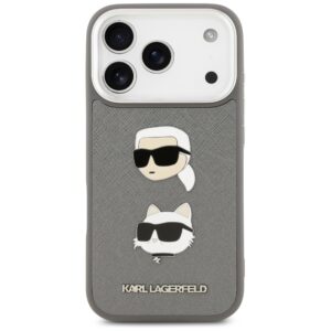 Karl Lagerfeld FW Grained Karl & Choupette Heads Pins & Logo dėklas skirtas Apple iPhone 17 Pro pilkos spalvos - Image 3
