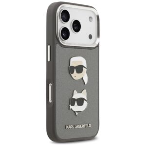 Karl Lagerfeld FW Grained Karl & Choupette Heads Pins & Logo dėklas skirtas Apple iPhone 17 Pro pilkos spalvos - Image 4