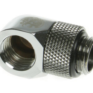 Bitspower adapteris 90 laipsnių kampu, G1/4 colio AG į G1/4 colio IG – pasukamas, blizgantis sidabrinis - Image 2