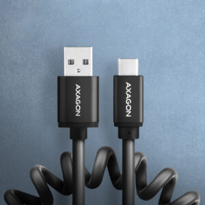 AXAGON BUCM-AM20TB coiled cable, USB-C to USB-A, 1 m, USB 2.0, 2.4 A, aluminium, PVC - Black - Image 2