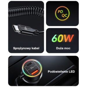 USAMS automobilinis įkroviklis 2xUSB-C 1xUSB-A C33 60W with spring cable Fast Charge juodos spalvos CC167CC01 (US-CC167) - Image 9