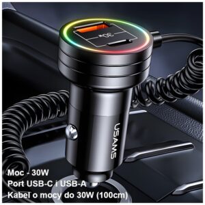 USAMS automobilinis įkroviklis 2xUSB-C 1xUSB-A C33 60W with spring cable Fast Charge juodos spalvos CC167CC01 (US-CC167) - Image 10
