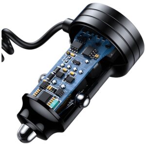 USAMS automobilinis įkroviklis 2xUSB-C 1xUSB-A C33 60W with spring cable Fast Charge juodos spalvos CC167CC01 (US-CC167) - Image 5
