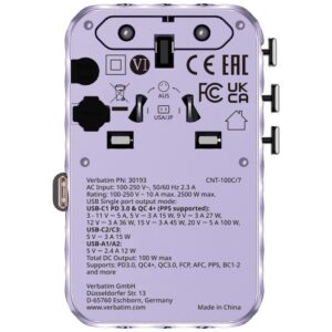Verbatim kelioninis įkroviklis EU/UK/US GaN 2xUSB-C/2xUSB-A/1xUSB-C PD 100W violetinės spalvos 30193 - Image 2