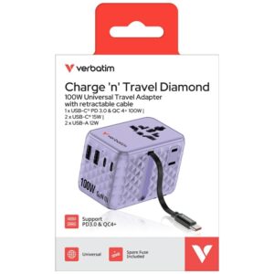 Verbatim kelioninis įkroviklis EU/UK/US GaN 2xUSB-C/2xUSB-A/1xUSB-C PD 100W violetinės spalvos 30193 - Image 7