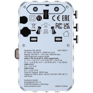 Verbatim kelioninis įkroviklis EU/UK/US GaN 2xUSB-C/2xUSB-A/1xUSB-C PD 100W mėlynos spalvos 30192 - Image 2