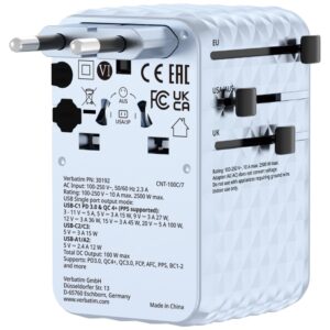 Verbatim kelioninis įkroviklis EU/UK/US GaN 2xUSB-C/2xUSB-A/1xUSB-C PD 100W mėlynos spalvos 30192 - Image 3