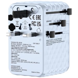 Verbatim kelioninis įkroviklis EU/UK/US GaN 2xUSB-C/2xUSB-A/1xUSB-C PD 100W mėlynos spalvos 30192 - Image 5