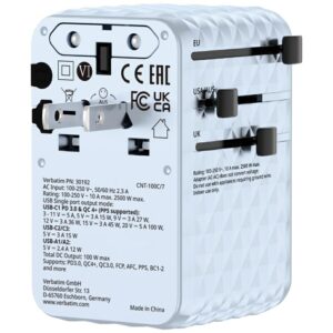 Verbatim kelioninis įkroviklis EU/UK/US GaN 2xUSB-C/2xUSB-A/1xUSB-C PD 100W mėlynos spalvos 30192 - Image 6
