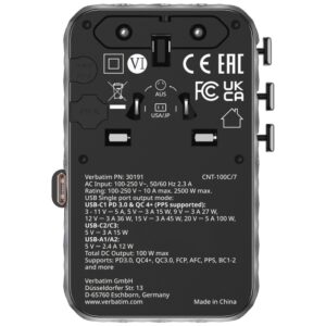 Verbatim kelioninis įkroviklis EU/UK/US GaN 2xUSB-C/2xUSB-A/1xUSB-C PD 100W juodos spalvos 30191 - Image 2