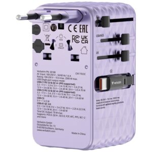 Verbatim kelioninis įkroviklis EU/UK/US GaN 1xUSB-C/1xUSB-A/2xUSB-C PD 70W violetinės spalvos 30188 - Image 2