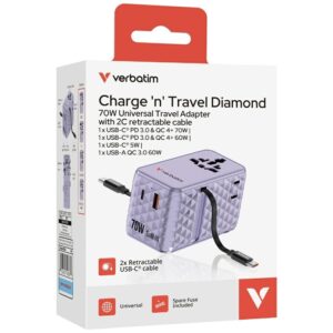 Verbatim kelioninis įkroviklis EU/UK/US GaN 1xUSB-C/1xUSB-A/2xUSB-C PD 70W violetinės spalvos 30188 - Image 5