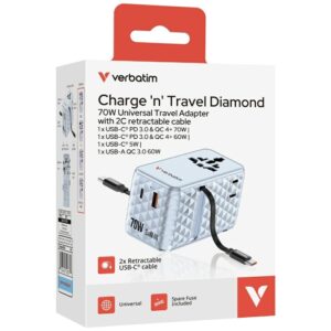 Verbatim kelioninis įkroviklis EU/UK/US GaN 1xUSB-C/1xUSB-A/2xUSB-C PD 70W mėlynos spalvos 30187 - Image 5