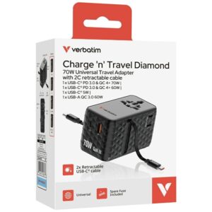 Verbatim kelioninis įkroviklis EU/UK/US GaN 1xUSB-C/1xUSB-A/2xUSB-C PD 70W juodos spalvos 30186 - Image 7