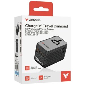 Verbatim Adapter podróżny EU/UK/US GaN 2xUSB-A/3xUSB-C PD 170W juodos spalvos 30190 - Image 5