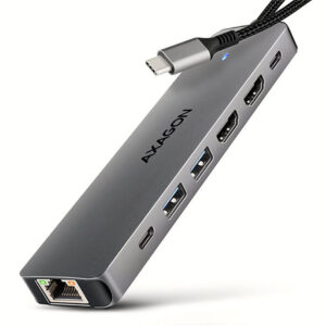AXAGON HMC-7HX2 USB Hub, 2x USB-A, 1x USB-C, 2x HDMI 2.0, 1x RJ45, 100W PD – silver