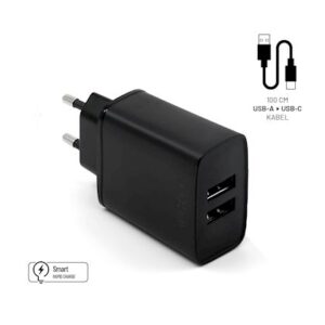 FIXED Dual USB Charger 15W+ USB/USB-C kabelis, juodos spalvos