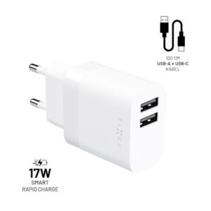 FIXED Dual USB kelioninis įkroviklis 17W + USB/USB-C kabelis